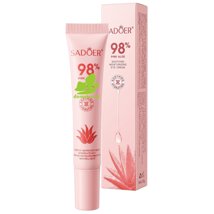 SADOER Pink Aloe 98% Łagodząco-Nawilżający Krem pod Oczy z Różowym Aloesem, Kwasem Hialuronowym i Niacynamidem 20g