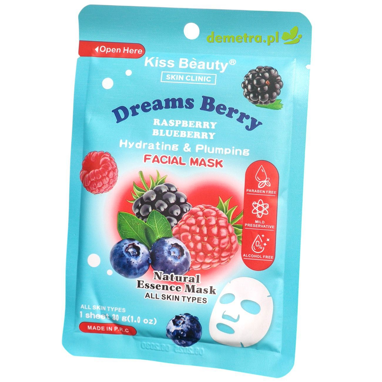 Maska do twarzy w płacie 30 g Kiss Beauty malina, borówka