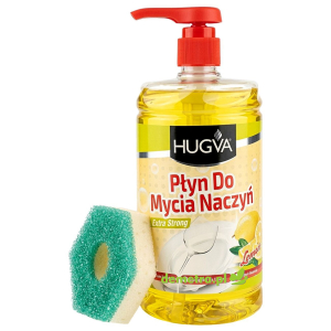HUGVA Płyn do mycia naczyń extra strong cytryna z pompką i gąbką 1000 ml – wydajny i skuteczny