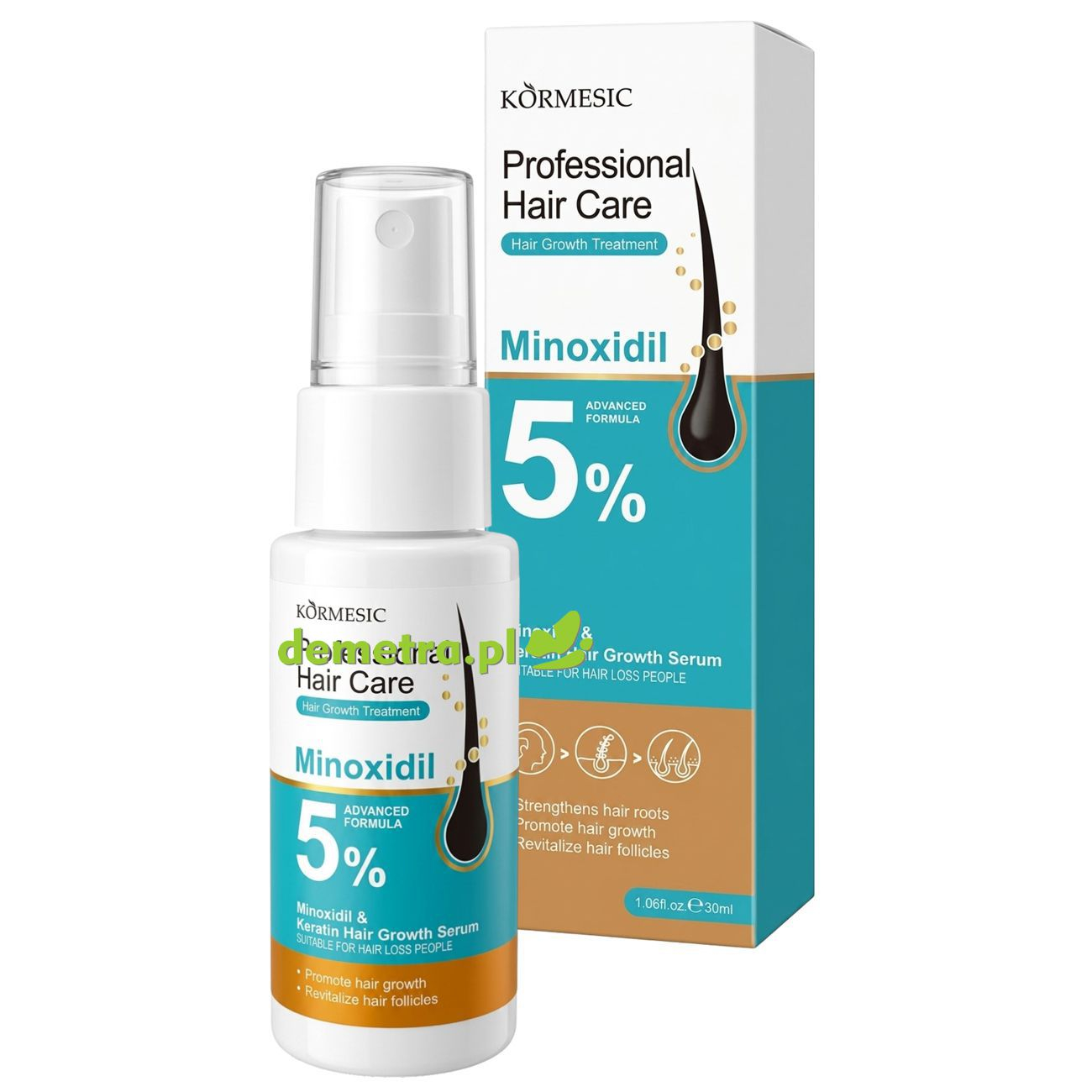 KORMESIC Minoxidil 5% & Keratin serum na porost włosów z Żeń-szeniem i Imbirem 30 ml